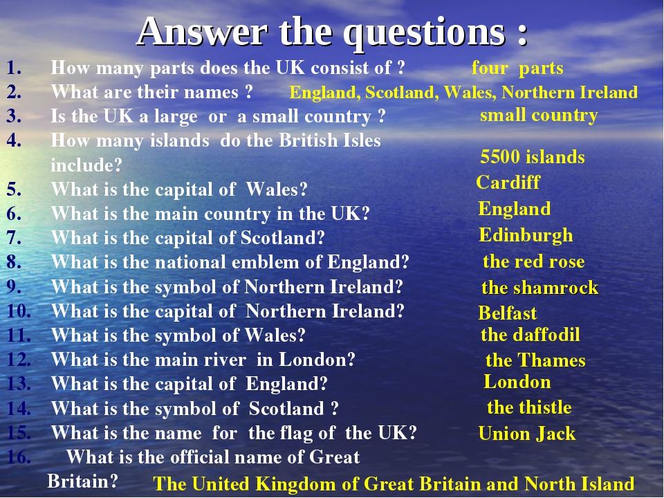 Questions and answers. What are their names. What Countries does it consist of ПКУ. Great Britain writing Test.